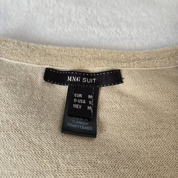 Mango Gold Glitter Knit Cardigan Crouched Short Sleeve Trim Button Front Top M - Picture 4 of 9